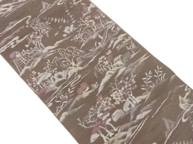 紗 家屋風景模様織出し名古屋帯